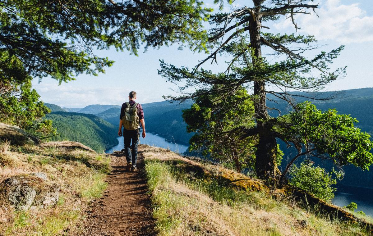 person walking on trail overlooking water