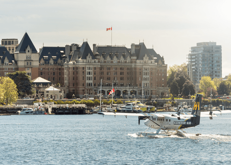 A Harbour Air seaplane lands in Victoria's Inner Harbour