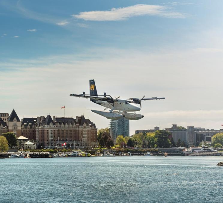 A Harbour Air Seaplane lands in Victoria's Inner Harbour