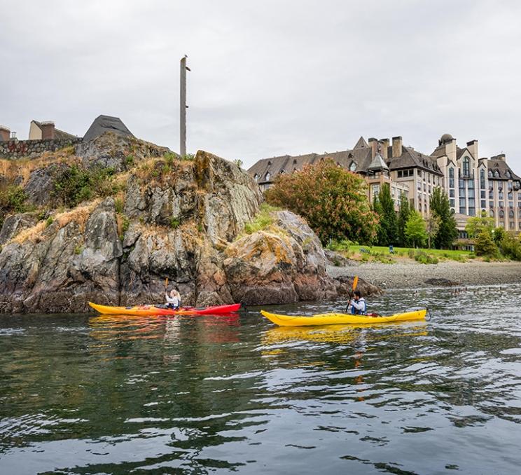 Paddlers tour the Inner Harbour with Victoria Kayak