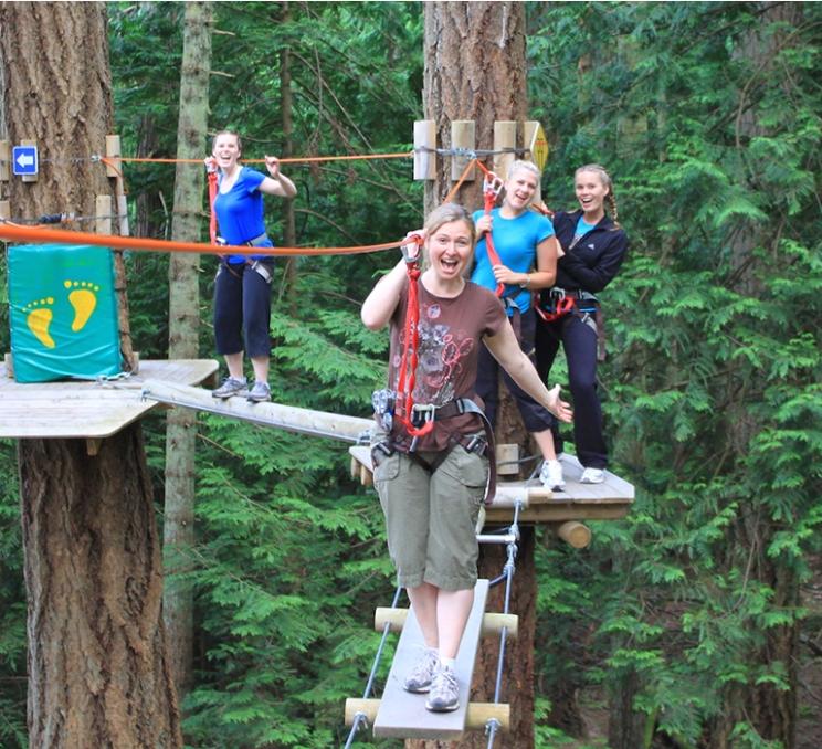 A group of people walk through the trees at WildPlay Elements Park in Victoria, BC