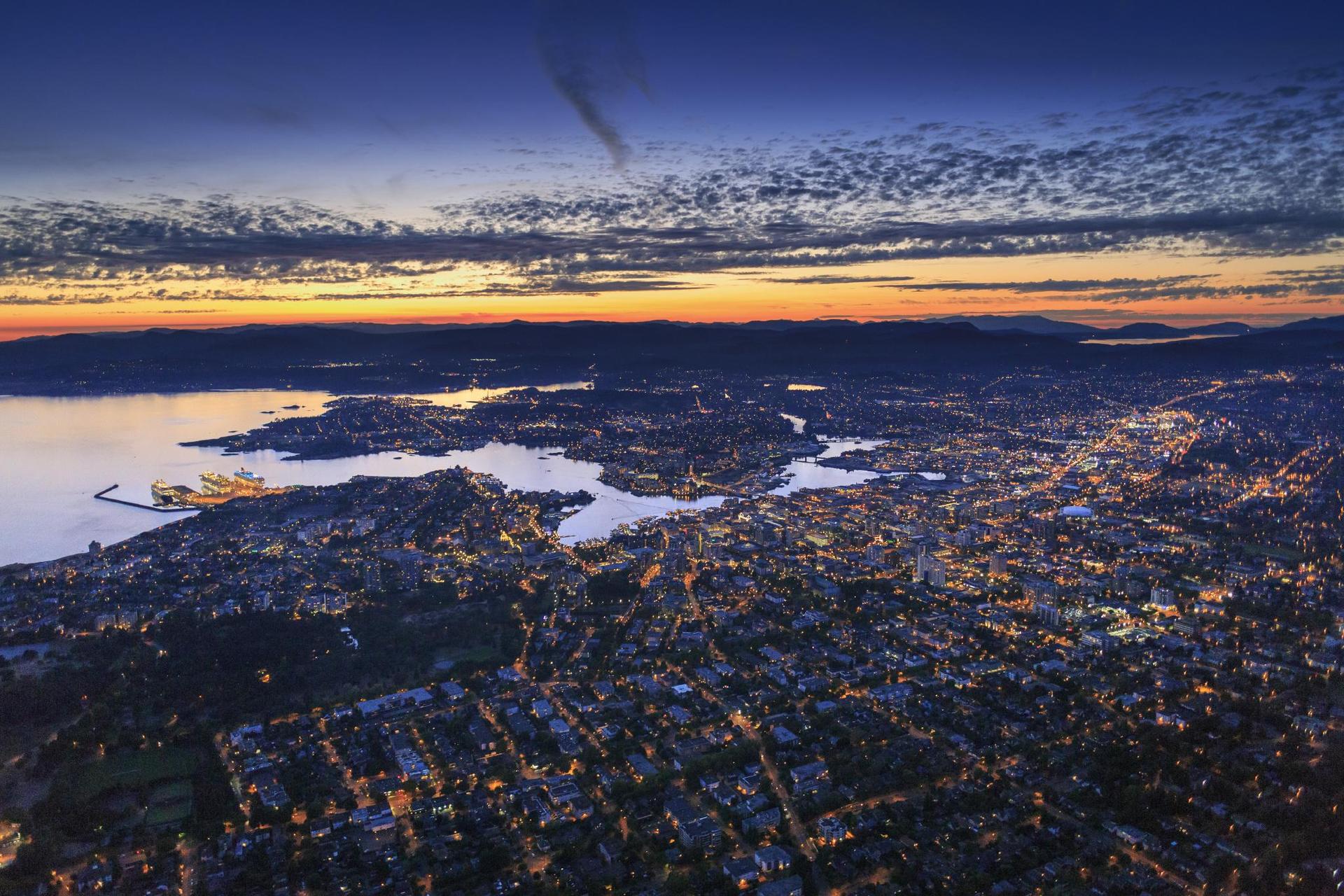 An aerial view of Victoria, BC at sunset