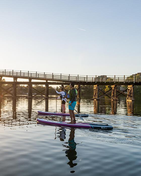 A couple paddleboards the Upper Harbour in Victoria, BC