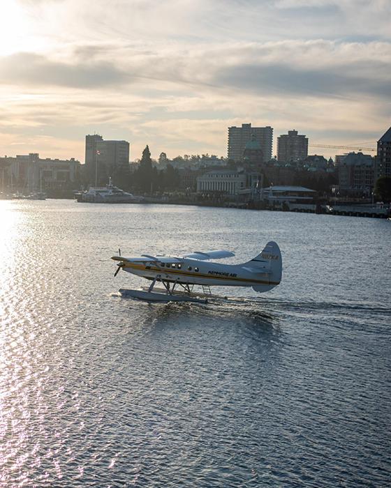 A Kenmore Air flight lands on Victoria's Inner Harbour