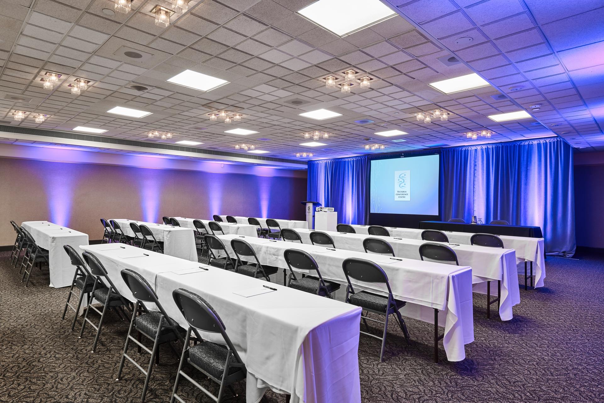 The Saanich Room in the Victoria Conference Centre is staged for an event.