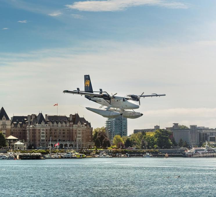 A Harbour Air seaplane lands in Victoria's Inner Harbour