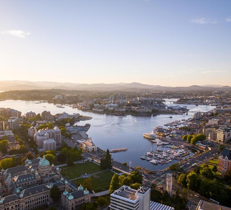 An aerial view of Victoria BC's Inner Harbour from above the Royal BC Museum