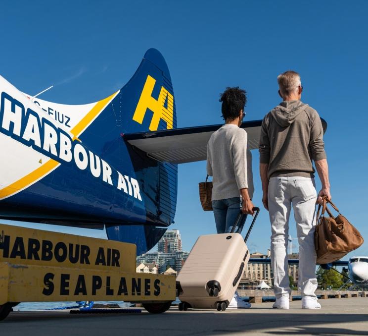two people walking beside a plane with luggage